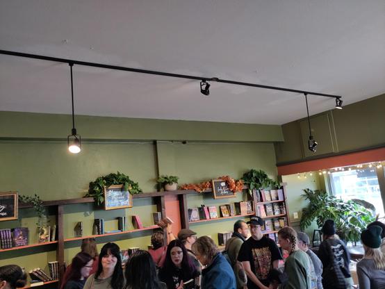 Big crowd milling around in a cool independent bookstore in Tacoma, WA, USA 