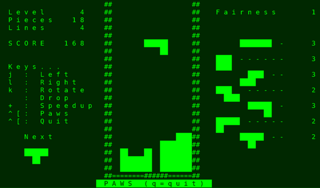 Screenshot of a text-mode tetris clone.