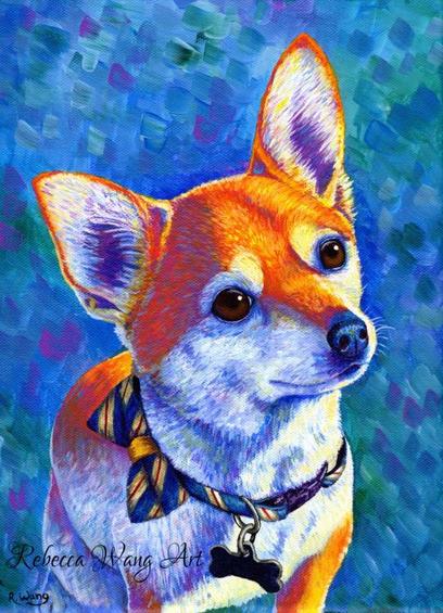 Colorful painting of a chihuahua in bright colors.