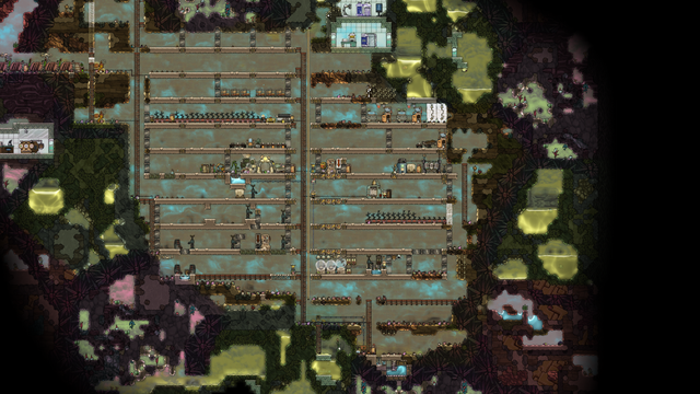 An Oxygen Not Included Screenshot: The main habitation area, including now four hatch ranches and a drecko ranch coming in to play.