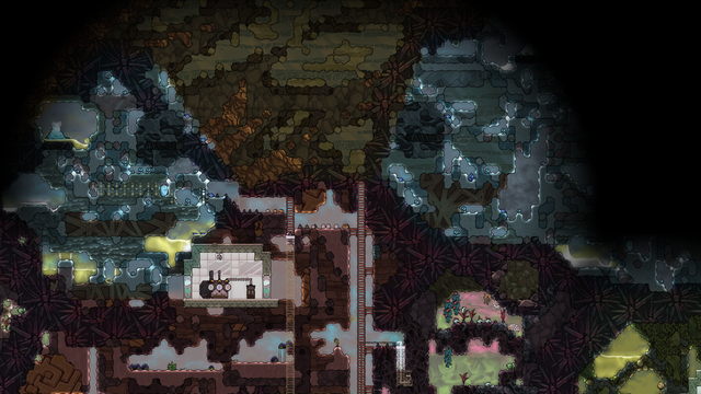 An Oxygen Not Included Screenshot: This is the top of the lefthand ladder from the base. To the left is an ice biome, and to the right is another one. Above is the space biome, containing igneous, ice, and lots of copper, all at ~ -55c.