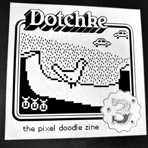 a black and white pixelly cover of a little square zine featuring pixel drawing icon illustrations. dotchke number three. a pigeon on a halfpipe with unicycles stenciled on the side. a grass texture behind and cars behind that.