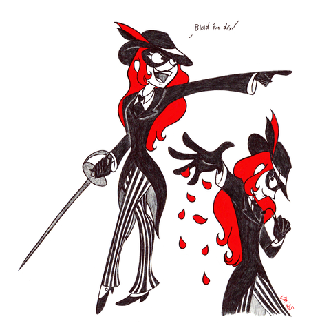 Phantom Thief Silver proudly declaring, "Bleed 'em dry!"
The second image is of her having torn the petals off a rose and letting them fall.