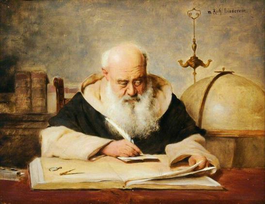 A kind faced, heavily bearded, old man with a shining bald pate fringed with white hair is seated at a table writing with a feathered quill on a small notebook while turning the pages of a very large book. A magnifying glass and compass rest on the book and there is an inkstand on the desk. A tall globe in a wooden stand is to one side of the old man and there are shelves of books behind him. He is wearing a short-sleeved black gown over a long-sleeved and hooded cream-coloured gown. Image by Richard Linderum (1851-1926) from Wikimedia Commons.