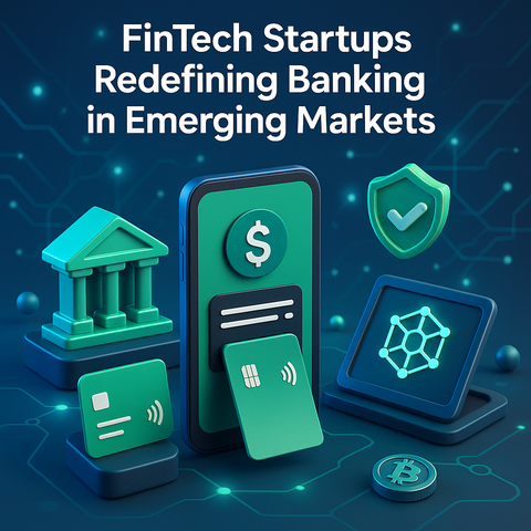 The image depicts the concept of Fintech startups redefining banking in emerging markets through modern technology and financial growth.