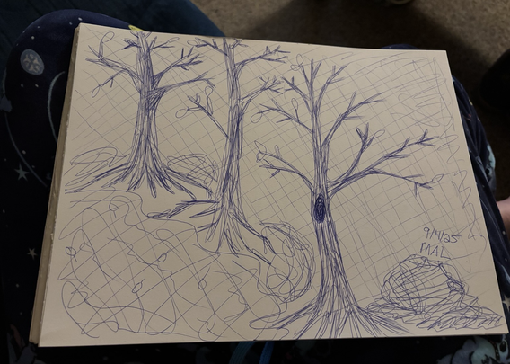 My attempt at drawing trees by a pond with lines of mist / fog. There are autumn leaves in piles near the trees. 