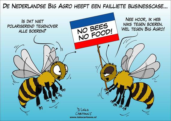 De cartoon toont twee bijen die met elkaar in gesprek zijn. Bovenin staat: “De Nederlandse Big Agro heeft een failliete businesscase…” De rechterbij houdt een bord vast met de tekst “No bees, no food!” in rood-wit-blauwe kleuren. De linkerbij vraagt: “Is dat niet polariserend tegenover alle boeren?” Waarop de rechterbij antwoordt: “Nee hoor, ik heb niks tegen boeren. Wel tegen Big Agro!”

De cartoon bekritiseert de industriële landbouw (“Big Agro”) die door gebruik van pesticiden en grootschalige productie schadelijk is voor bijen en biodiversiteit. Bijen zijn cruciaal voor voedselproductie, en hun bedreiging symboliseert de kwetsbaarheid van het huidige landbouwsysteem. De nuance ligt in het onderscheid tussen boeren en de grootschalige agro-industrie: de boodschap richt zich niet tegen boeren individueel, maar tegen het systeem dat hen in een schadelijk model dwingt. De cartoon combineert humor met een maatschappelijk statement 