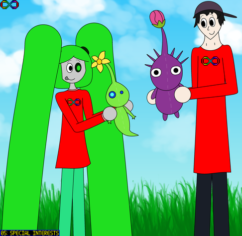 AUCTOBER 2025
Special Interests
Technetion happily holds a Glow Pikmin plushie while Pane holds a Purple Pikmin Plushie. The background shows a fairly cloudy daytime setting with grass on the ground.
