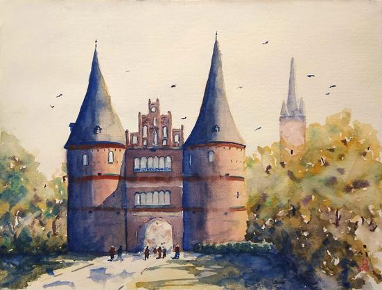 Watercolor painting of famous Holstentor in Lübeck. It's a huge city gate fortified with two towers. There is a church tower in the background. Left and right the gate is flanked with trees. Some people are walking to it in the foreground.