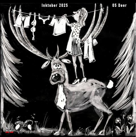 Der Cartoon zeigt einen großen Hirsch mit einem immensen Geweih. Auf dem Rücken des Hirsches steht eine Frau, wahrscheinlich die Frau des Försters und hängt Wäsche aufs Gewei . Ha, ha, ha, wie lustig.