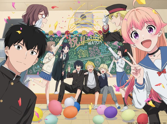 Announcement of the second season of Witch Watch with all the characters smiling. They are in a classroom, and the announcement for Season 2 is written in Japanese on the blackboard. There are balloons on the floor.