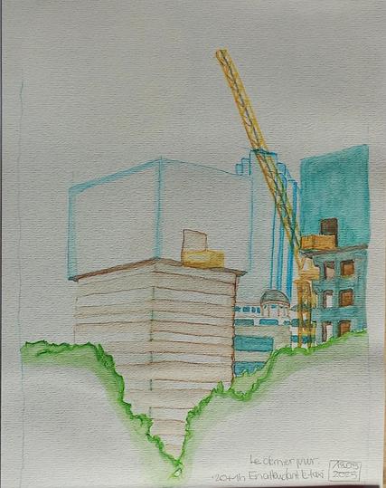 Aquarelle:  Derrière des silhouettes d'arbres, deux chantiers de grattes-ciel avec leur "bonnets" carré qui suivent l'avancement du chantier vers le haut. Entre les deux une grue jaune; Au fond d'autres immeubles dans des tons bleutés. 

In front silhouettes of trees, in the middle ground half finished skyscrapers with their squared hood moving up with the building. In between a yellow crane, other bluish highrises in the background.