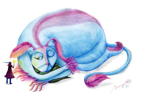 A very large monster with a fluffy blue and pink fur, ears and a tail like feathers is woken up by a witch standing next to it with a candle. The monster opens its right eye, it is unclear whether it is happy or annoyed. 