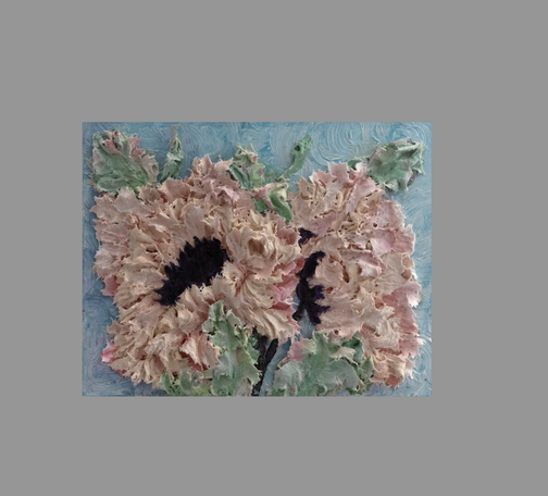 
The swirling blue background contrasts beautifully with the soft cream and blush petals, evoking movement and warmth. Each element was sculpted with a palette knife, creating a tactile experience that invites touch and emotion.