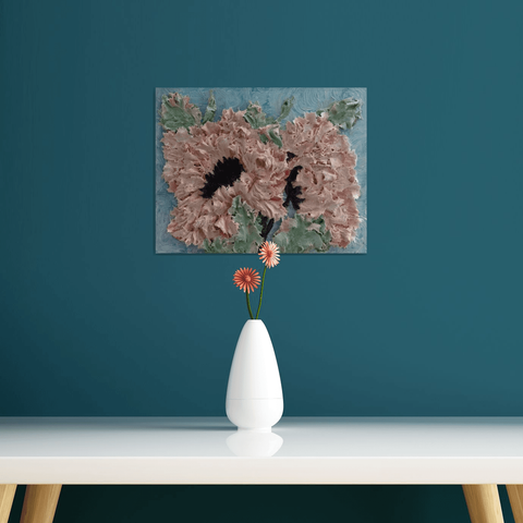 
The swirling blue background contrasts beautifully with the soft cream and blush petals, evoking movement and warmth. Each element was sculpted with a palette knife, creating a tactile experience that invites touch and emotion.