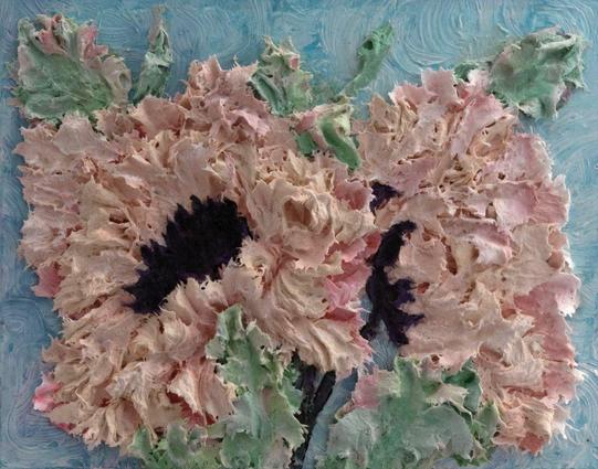 

The swirling blue background contrasts beautifully with the soft cream and blush petals, evoking movement and warmth. Each element was sculpted with a palette knife, creating a tactile experience that invites touch and emotion.