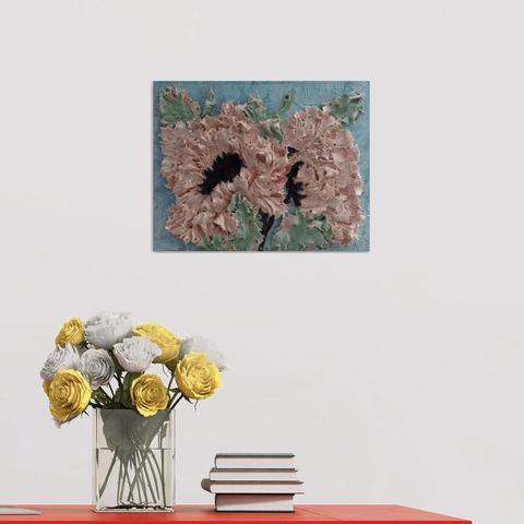

The swirling blue background contrasts beautifully with the soft cream and blush petals, evoking movement and warmth. Each element was sculpted with a palette knife, creating a tactile experience that invites touch and emotion.