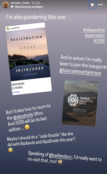 I'm also pondering La Peripherie for Summer.

And in autumn I'm really keen to join the inaugural @taurusmountainrace.

But I'd also love to return to the AlpsDivide Ultra. And 2026 will be its last edition. 😞

Maybe I should do a "Julie Double" like she did with Badlands and AlpsDivide this year?

Speaking of @badlandscc, l'd really want to re-visit that, too! 🙈