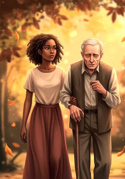 *Artwork of a young woman assisting an older man with a cane taking him on a gorgeous Autumn walk!