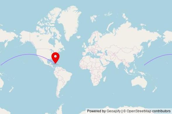 A map showing the great circle route from San Jose (Tinian) in the United States to a map pin at Saint Helen Catholic Church, 13 Rodney Hall Road, Linstead, Jamaica