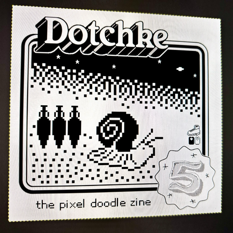 a screenshot of the layout of the cover of Dotchke #5 a black and white pixel doodle zine. a large snail crawls along with three amphorae behind it. a body of water or the night sky is beyond. very small in the corner are two bread tags and a work boot. it’s a little more cohesive than it sounds, i promise.