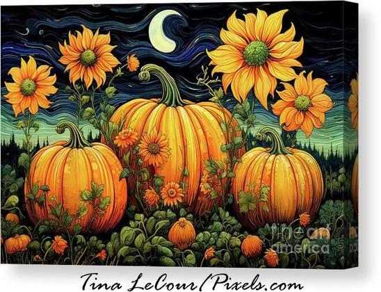 This is a canvas of a whimsical pumpkin patch with sunflowers and a half moon.