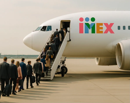 Travelers boarding a plane branded with the IMEX logo. (No - IMEX doesn’t have a plane. This is just an illustration to demonstrate the throngs of people coming from around the world.)