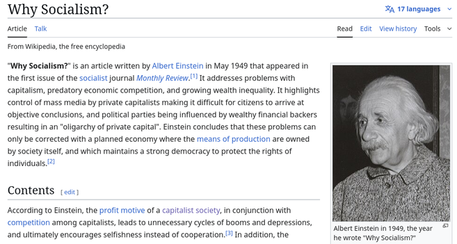 Why socialism? -- Albert Einstein
https://www.kurimanzutto.com/exhibitions/why-socialism-by-albert-einstein#tab:slideshow
https://en.wikipedia.org/wiki/Why_Socialism%3F

🇺🇲 🇬🇧 #GOP #Christofascism #SCOTUS #antiLGBTQ #AmericanReich #AmericanGulag #AmeriKKKa #transgenocide
🇨🇦 #Poilievre #DanielleSmith #ScottMoe #Trumpism

🏳️‍⚧️ #TransLivesMatter #BlackTransLivesMatter #TransRights #TLM #BTLM
https://mastodon.social/@persagen/114186381298087870

#capitalism #inequality #DemocraticSocialism #justice
