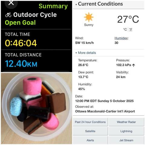 Grid of two screenshots and a photo:

1) Apple Fitness Cycling Details:
Total Time: 0:46:04.
Total Distance: 12.40 KM.

2) Environment Canada site showing 27°C, 45% humidity, and 15 KM/H wind.

3) photo of some colourful liquorice bits in a tiny cup on my desk.