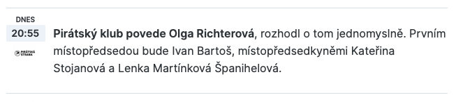 ones

20:55 Piratsky klub povede Olga Richterova, rozhodl o tom jednomysing. Prvnim

mm Mmistopfedsedou bude Ivan Barto, mistopredsedkynémi Katefina
Stojanové a Lenka Martinkové Spanihelova.
