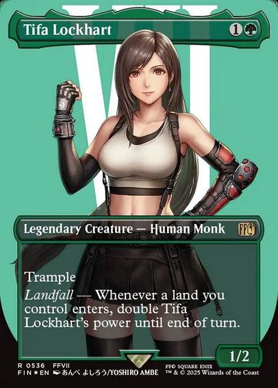Card Name: Tifa Lockhart
Set: Final Fantasy
Description: Trample
Landfall — Whenever a land you control enters, double Tifa Lockhart's power until end of turn.
Artist: Yoshiro Ambe