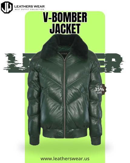 Green V Style Bomber Leather Jacket
