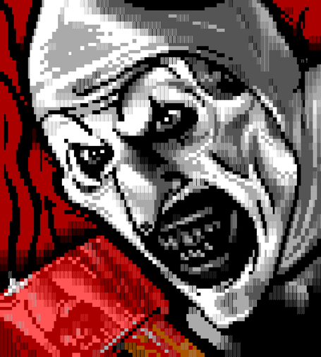ANSI textmode image of Art the Clown from the Terrifier horror movie series