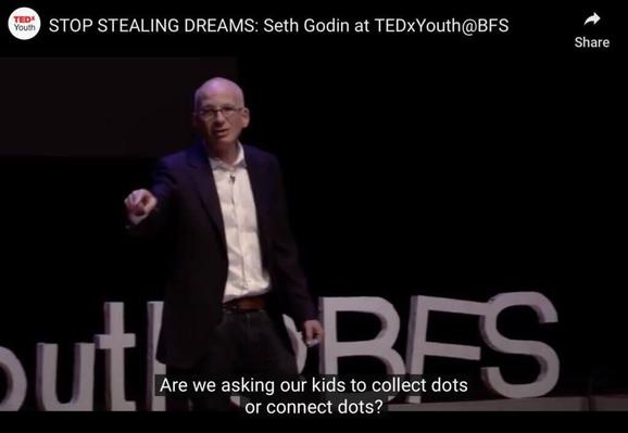 connect the dots: screenshot from Youtube video "STOP STEALING DREAMS: Seth Godin at TEDxYouth@BFS" of Seth Godin saying "Are we asking our kids to collect dots or connect dots?"
