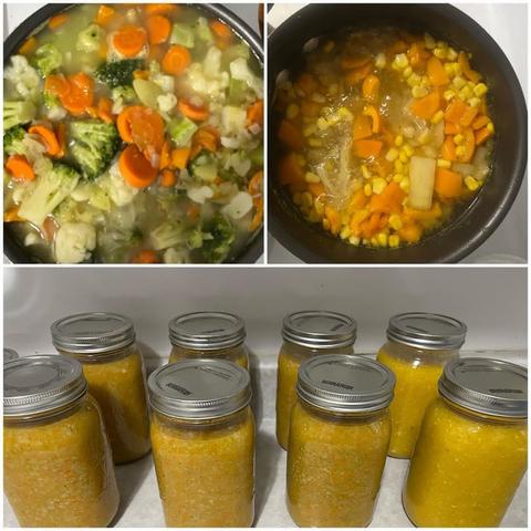 Grid of three photos:

1) Looking down at a pot of soup; broccoli, carrots, cauliflower, orange peppers, and potatoes.

2) Looking down a a smaller pot of soup; corn, orange peppers, and potatoes. 

3) Eight mason jars full for blended soup.