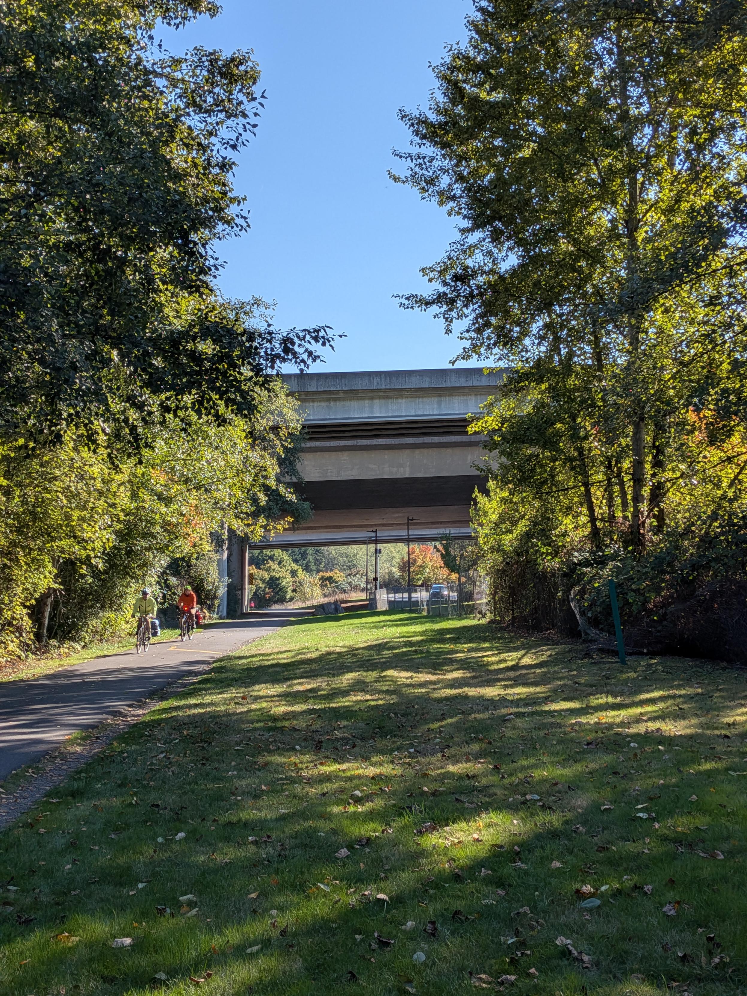 A city trail next to a green lawn, with a highway overpass over it. Shot on a nice fall day with shadows from the setting sun. 