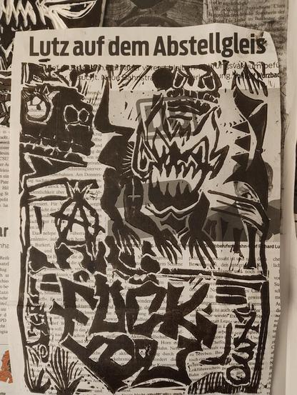 Linoldruck auf Zeitung
Überschrift:
Lutz auf dem Abstellgleis