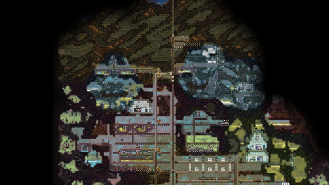 An Oxygen Not Included Screenshot: The upper third of the starting asteroid. A ladder is drawn all the way up to space. To the lower left, a claymator is turning sand and ph2o into clay and o2. There's a small jungle biome to the right of the ladder just below space, it's been cleared, but the gas hasn't been cleaned up yet.