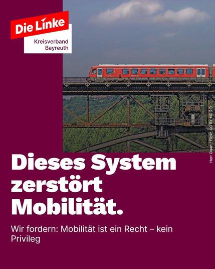 Das Sharepic zeigt eine rote Regionalbahn, die auf einer hohen, alten Eisenbahnbrücke fährt. Die Stahlträger der Brücke sind sichtbar, sie wirken alt und rostig, im Hintergrund Wälder und blauer Himmel. Links oben ist das Logo „Die Linke – Kreisverband Bayreuth“ eingeblendet. Unten im Bild steht in großer weißer Schrift auf dunkelrotem Hintergrund: „Dieses System zerstört Mobilität.“ Darunter in kleinerer Schrift: „Wir fordern: Mobilität ist ein Recht – kein Privileg.“ Das Bild symbolisiert marode Infrastruktur und kaputtgesparte Schiene, die Pendler:innen ausschließt und soziale Ungleichheit verschärft.