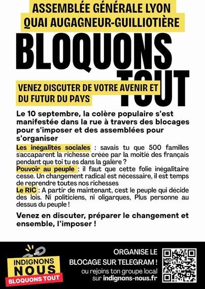 Visuel d'explication de ce qui a amener le collectif « Bloquons Tout » à se former : les inégalités sociales ; rendre le pouvoir au peuple ; le RIC

Appel à venir discuter de notre avenir
