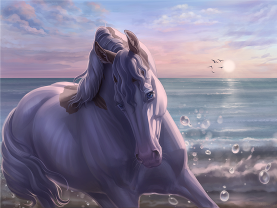 A digital illustration of a cremello curly horse running along the seashore with the sun shining brightly on her fur