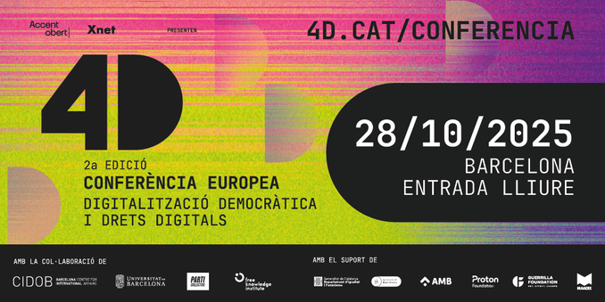 Un anuncio de la segunda edición de la Conferencia Europea sobre Digitalización Democrática y Derechos Digitales.  Se llevará a cabo en Barcelona el 28 de octubre de 2025. El diseño incluye el número "4D" en colores degradados vibrantes, junto con el texto en español que detalla el evento y su enfoque en los derechos digitales y la soberanía digital.  Se invita a guardar la fecha.