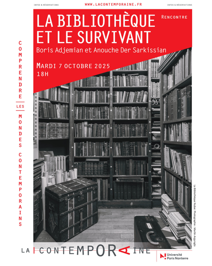 L'image représente la bibliothèque Nubar et indique que la présentation de l'ouvrage de Boris Adjemian "La Bibliothèque et le survivant" aura lieu :

🗓️ le Mardi 7 octobre 2025
⏰ à 18h
📍 à La Contemporaine