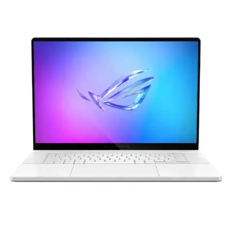 Image d’un PC portable gamer ASUS ROG Zephyrus G16 OLED 2025, équipé d’un processeur Intel Core Ultra 9 285H et d’une carte graphique NVIDIA RTX 5080, affiché sur fond lumineux avec effet OLED et touches RGB.
