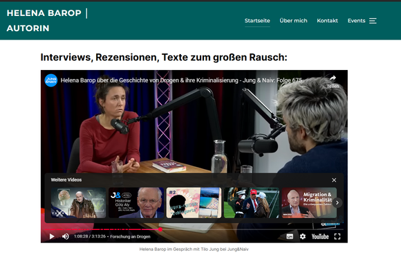 Interviews, Rezensionen, Texte zum großen Rausch: Helena Barop am Tisch sitzend mit Mikrofon ihr gegenüber der Interviewer Tilo Jung "Jung und Naiv" Folge 675 https://youtu.be/ZcINBfPxYHw