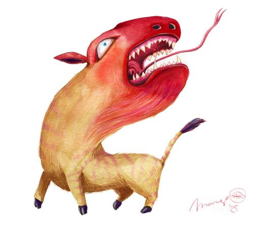 Painted and drawn on a white background: A monster with the body and legs that are similar to those of a boar or pig. It has a longer tail with a fluffy end. Its neck and head are the same size as its body. The head is turned around, looking over the shoulders, and the monster screams with all its might in a burst of anger. You see the teeth in his mount, and it sticks out its tongue. The colour of the body is a brown ochre colour with pink stripes. Towards the neck and the head, it changes into a bright, pink red. The visible eye is looking in the sky with a small, blue hue pupil. 