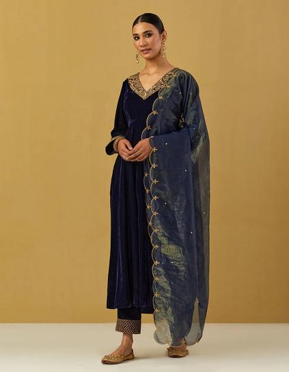 Blue Silk Velvet Embroidered Anarkali Set
