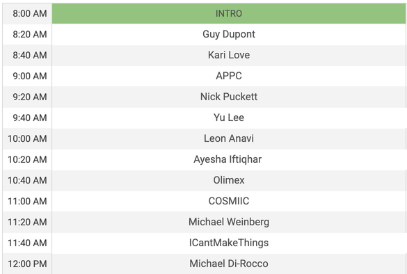 screenshot of the schedule with Guy Dupont
Kari Love
APPC
Nick Puckett
Yu Lee
Leon Anavi
Ayesha Iftiqhar 
Olimex
COSMIIC
Michael Weinberg
ICantMakeThings
Michael Di-Rocco