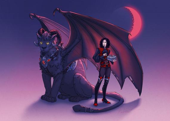 Illustration of Sherrivel, a pale, sharp-featured man with long hair and elegant dark clothing, standing beside his chimera form — a surreal, shadowy creature with distorted anatomy. The artwork contrasts human fragility and monstrous grace, symbolizing the inner split between reason and instinct.