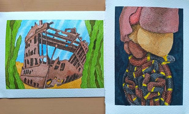 Two watercolour images side by side, the one on the left of a rusted shipwreck underwater with seaweed on either side in the foreground. The one on the right is of an anatomical figure, but the intestines are instead represented by a black, red, and yellow coral snake.